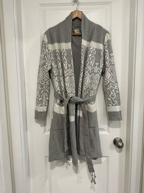 Lemon Gray and Cream Knit Open Belted Robe Cardigan Loungewear Women’s M/L